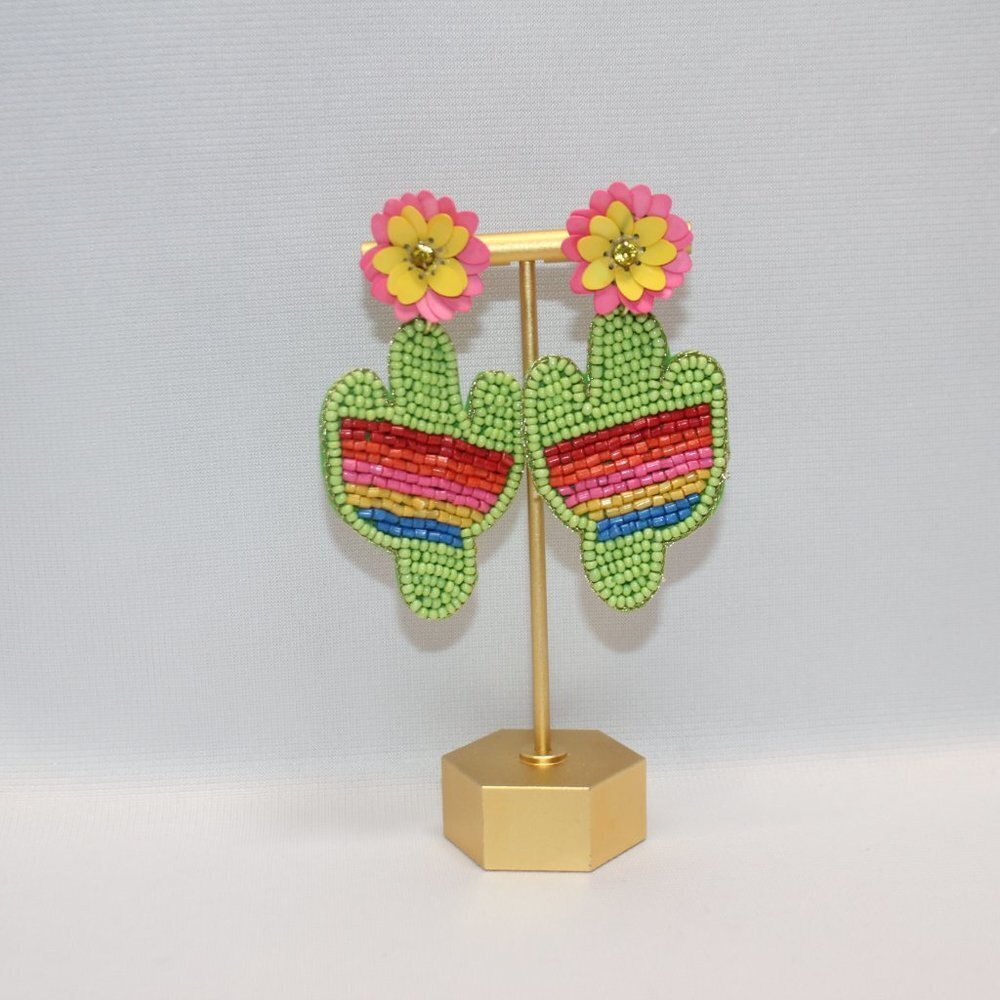 NWT Kay Lee Cactus Beaded Floral Rainbow Earrings